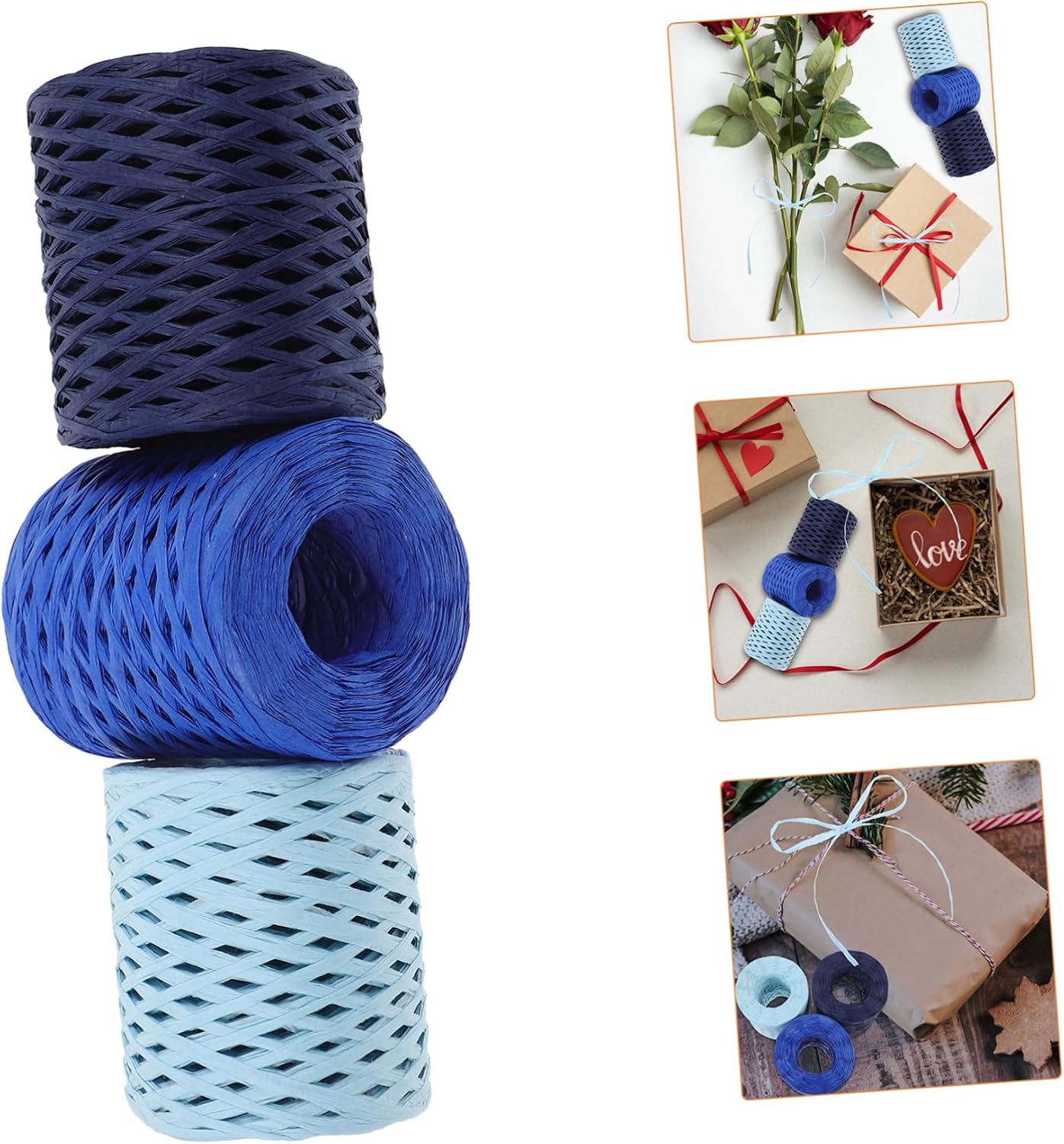 3rolls Colorful Raffia Paper Ribbon for DIY Gift Wrapping and Bouquet Decoration Colors Sky Blue Royal Blue Versatile Decorative Twine for Craft Projects