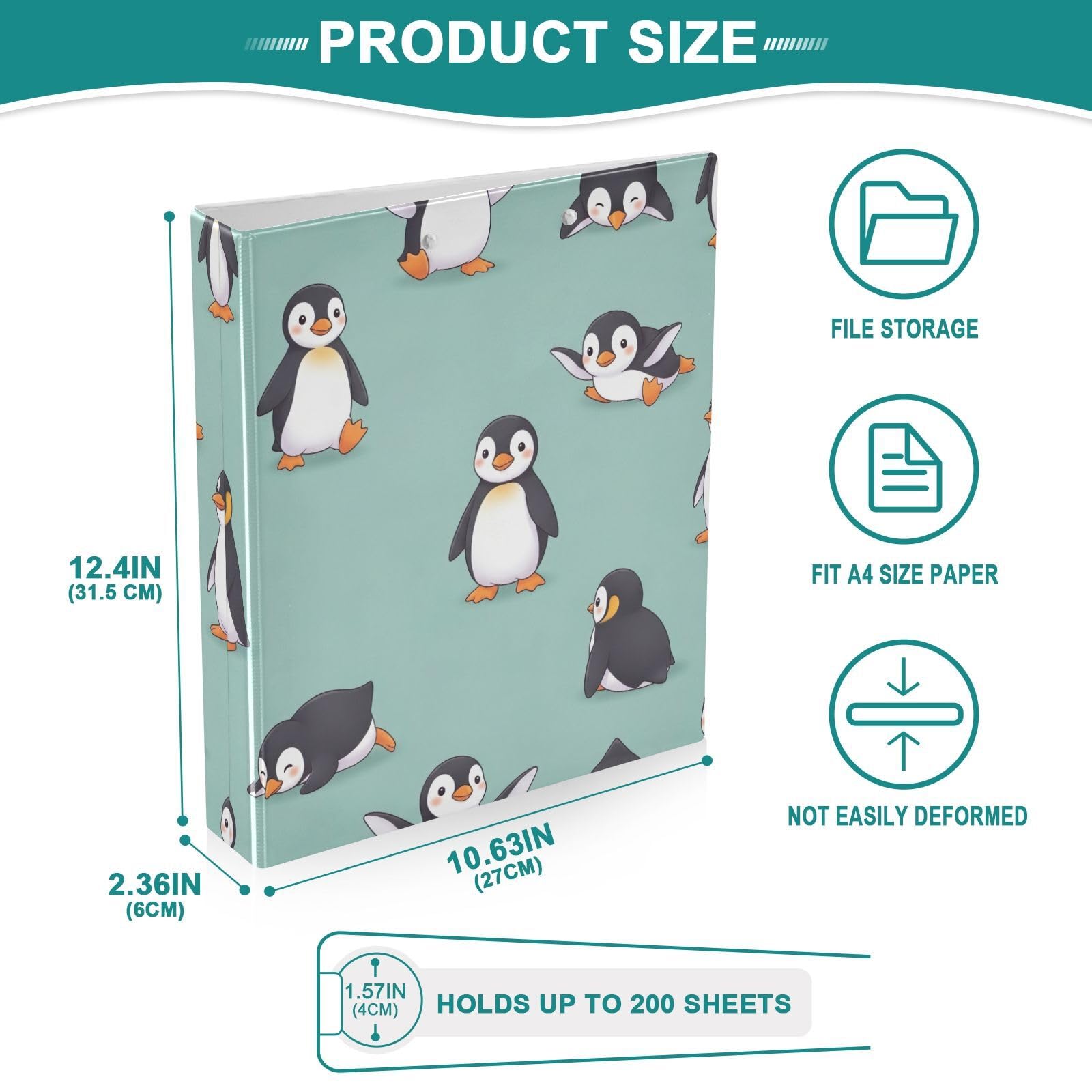 Raccoglitore a tre anelli con pinguini in stile cartone animato, 3,8 cm, con portablocco grande, 3 raccoglitori per scuola, università, ufficio (confezione da 2)