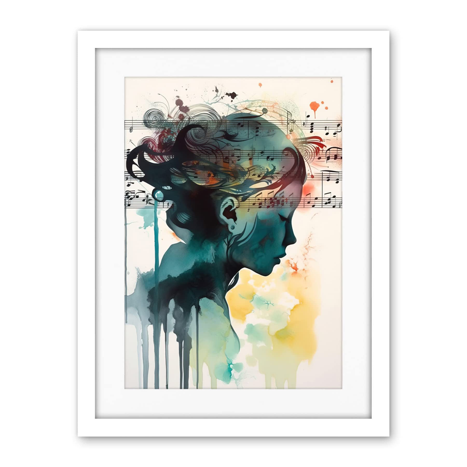 Artery8 Music on my Mind Singing in my Head Modern Portrait Watercolour Illustration Artwork Framed Wall Art Print 18X24 Inch