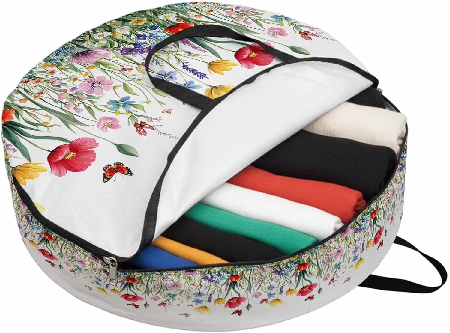 Spring Farmhouse Round Storage Bag 36 Inch, Colorful Wildflower Green Plants Butterfly Clothes Storage Container with Handles Heavy Duty Organizer for Comforter, Bedding & Holiday Wreaths