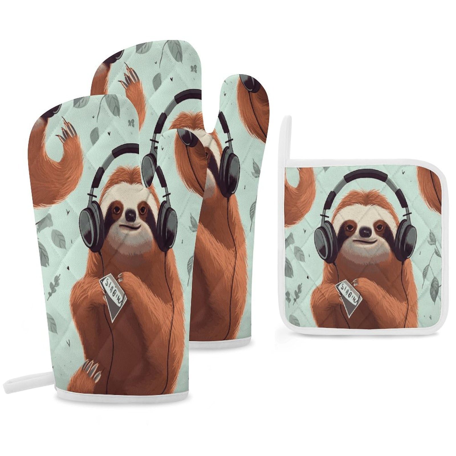 Fekiloot Style Funny Cute Animal Sloth Music Oven Mitts Funny Heat Resistant,Oven Glove With Hanging Loop,Resistant Hot Pads For Kitchen Baking Grilling Cooking