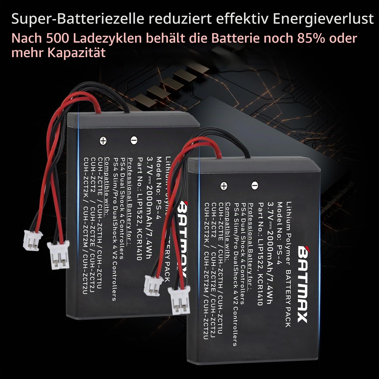 Batmax 2pc 2000mah Lip1522 KCR1410 Akku kompatibel mit Sony PlayStation 4 PS4 Dualshock Controller, Sony PlayStation 4 Slim/pro Dualshock 4 V2 Controller CUH-ZCT2, CUH-ZCT2U CUH-ZCT1E, CUH-ZCT1U