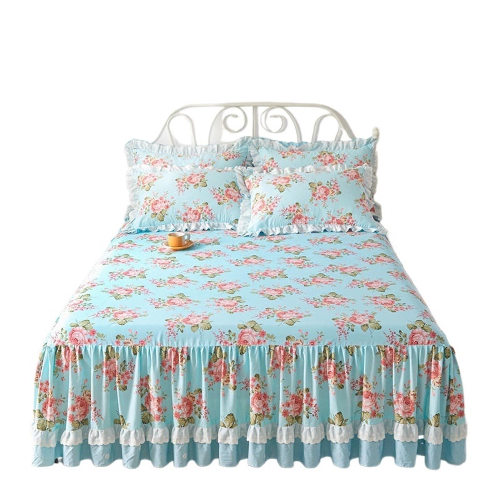 Ruffled Bedspread Princess Bedding Bed Skirt Pillowcases Pink Flowers Printing Cover Ruffle Bedspread Mattress(Color3,1pc 180x220cm)