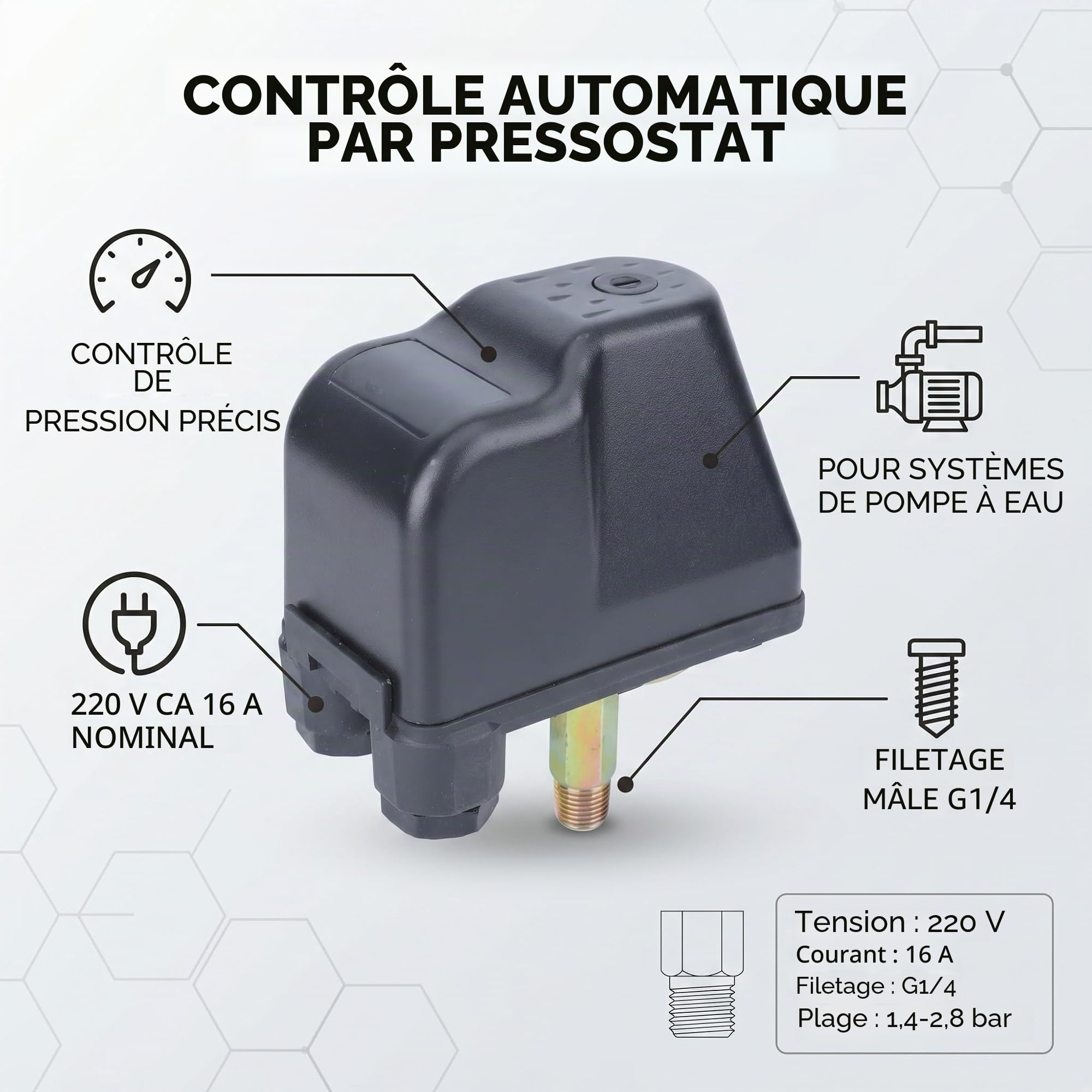 Pressostat Pompe, Filetage Extérieur G1/4 Tension 220 V Convient pour Les Pompes à Jet d'eau Les Pompes Automatiques et Les Pompes à Pression, Capteur scellé en Acier Inoxydable