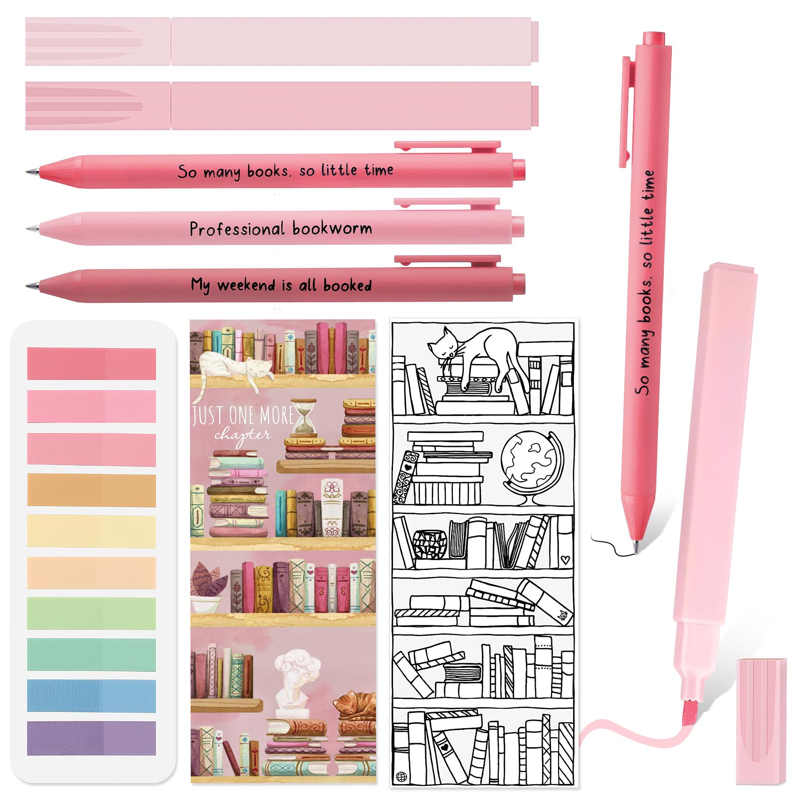 Spakon 7 Pcs Book Lovers Gifts for Readers Bookish Book Annotation Kit Aesthetic Pastel Highlighters No Bleed Gel Pens Reading Tabs Bookmark for Women
