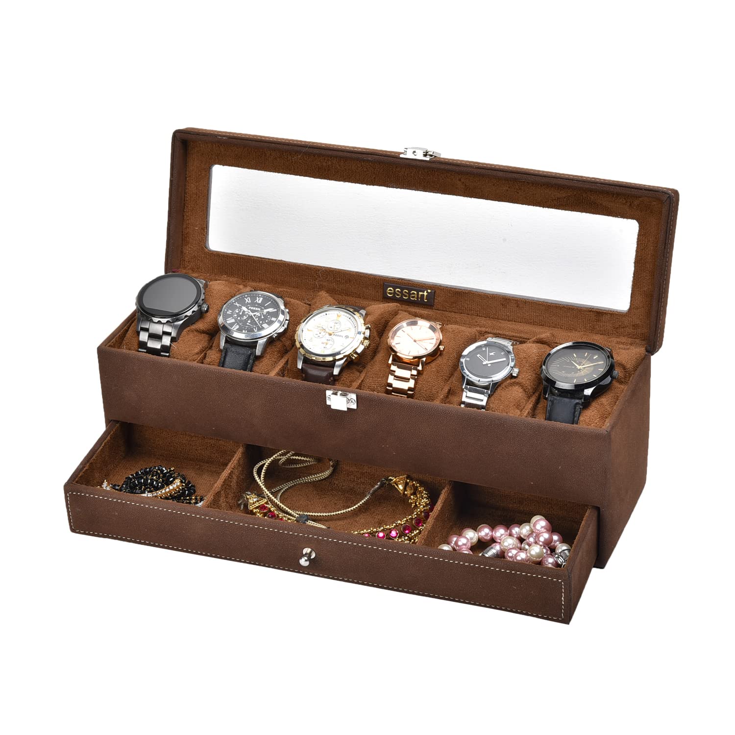 essart Faux Leather Double Layer Jewelry Cum Watch Display Box for Jewellery, Earring, Rings, Cufflinks - Brown (B08BKQT6MT) Amazon Price History, Amazon Price Tracker
