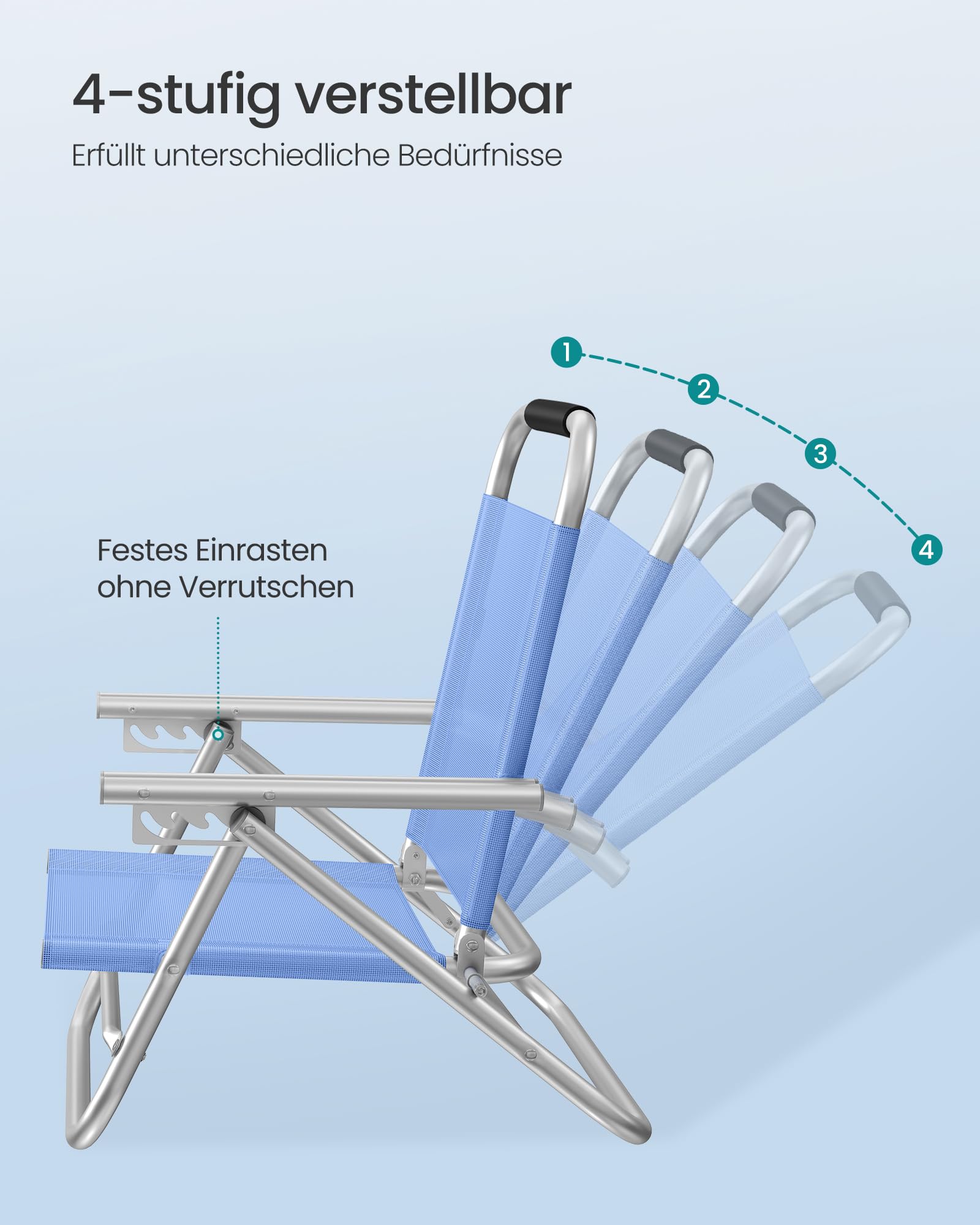SONGMICS Strandstuhl, tragbarer Klappstuhl, Rückenlehne 4-stufig verstellbar, mit Armlehnen, atmungsaktiv und komfortabel, Outdoor-Stuhl