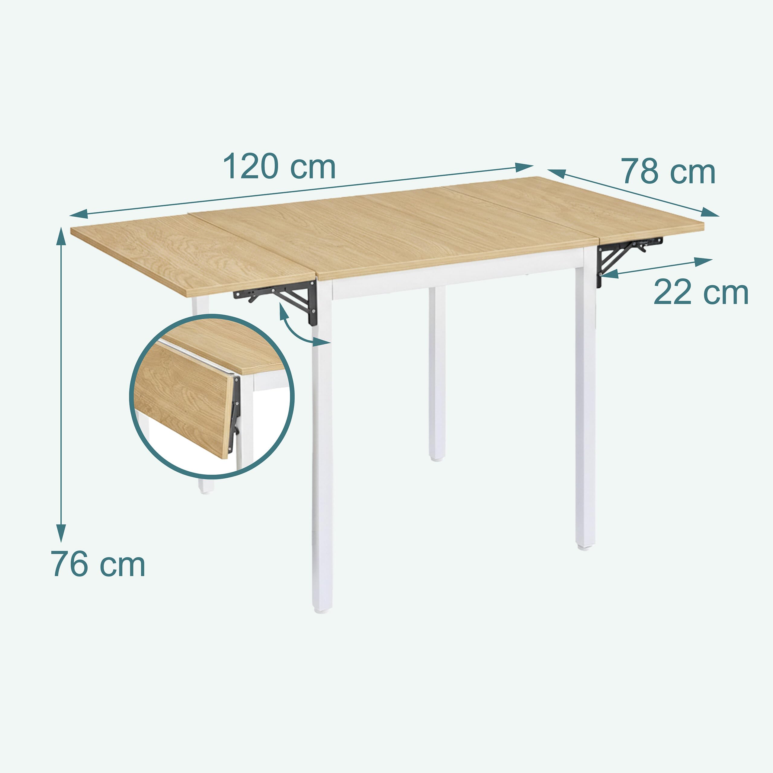 Relaxdays Tavolo da pranzo pieghevole, 2-4 persone HLP 76x120x78 cm, salvaspazio, cucina, MDF e metallo, naturale/bianco