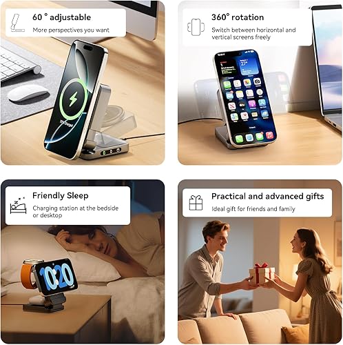Miniatura 8 de Cargador inalámbrico plegable, estación de carga 3 en 1 para Apple Samsung, soporte de cargador magnético, estación de carga rápida de 15 W para