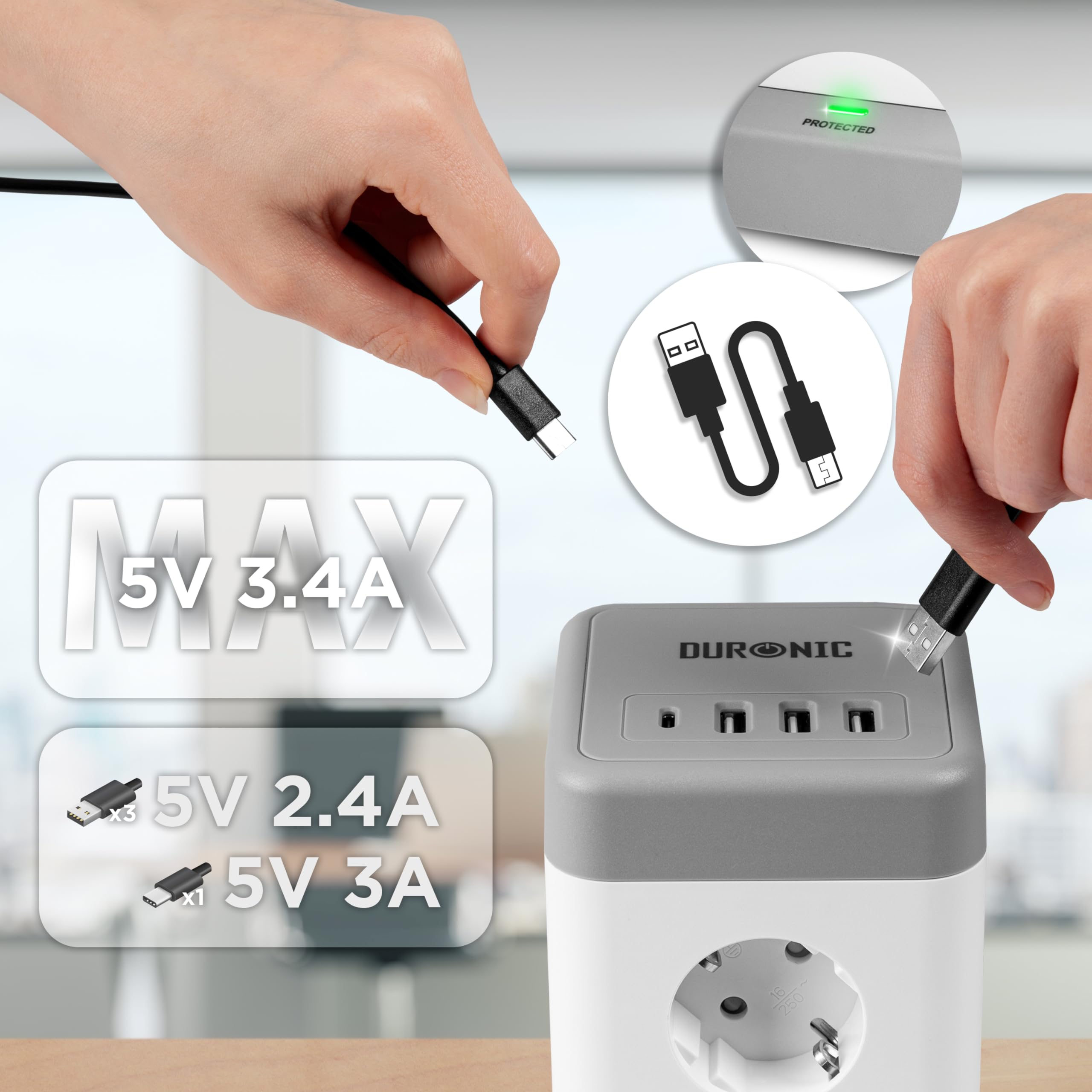 Duronic ET12C Multipresa Torre 3680W con 12 Prese Schuko + 4 USB-A + USB-C | Ciabatta Elettrica Verticale con Protezione Sovraccarico e Cavo 1.8m, Torre Multipresa USB Casa Ufficio Gaming TV