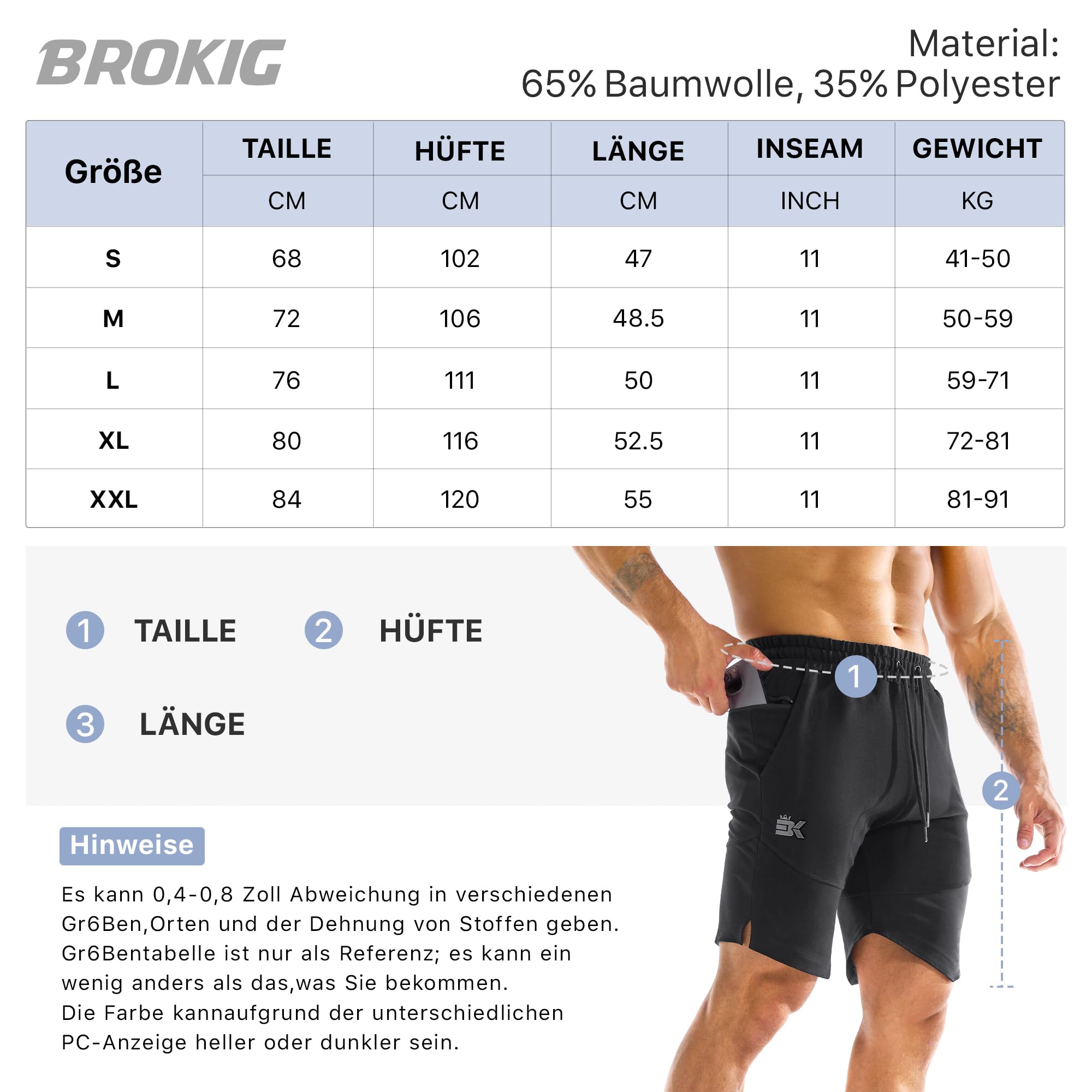 BROKIG Short de sport court pour homme avec poche zippée cachée