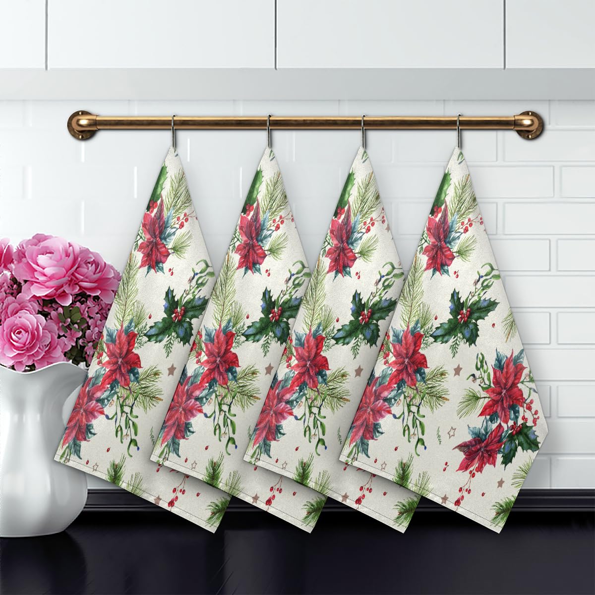 Weihnachten Kchentcher 2er Set Weihnachten Blumen Bltter Stechpalme  Beeren Kchenhandtuch Weich Saugfhig Trocknen Geschirrtuch fr Zuhause  Kche ...