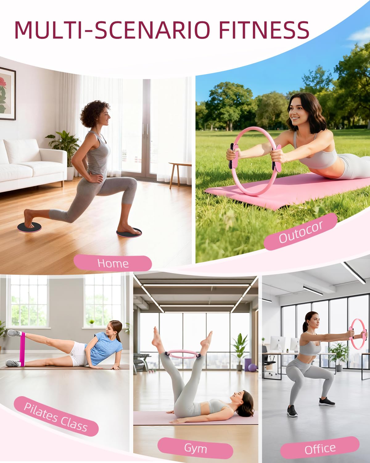 Kit Pilates Maison avec Anneau 35cm, Ballon 25cm et Bandes Résistance - Set Complet Rose