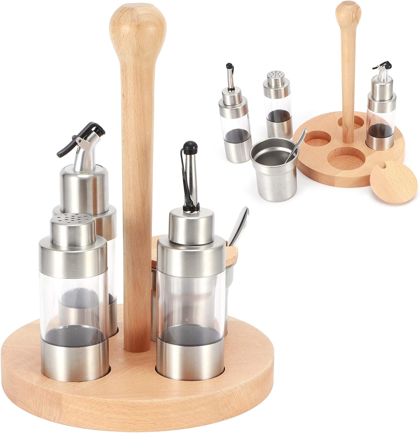 Condiment Pots Set, Seasoning Storage Container Jar with Rack, Salt Pots Jars with Lid Spoons for Kitchen Sugar Cruet (round wooden frame)