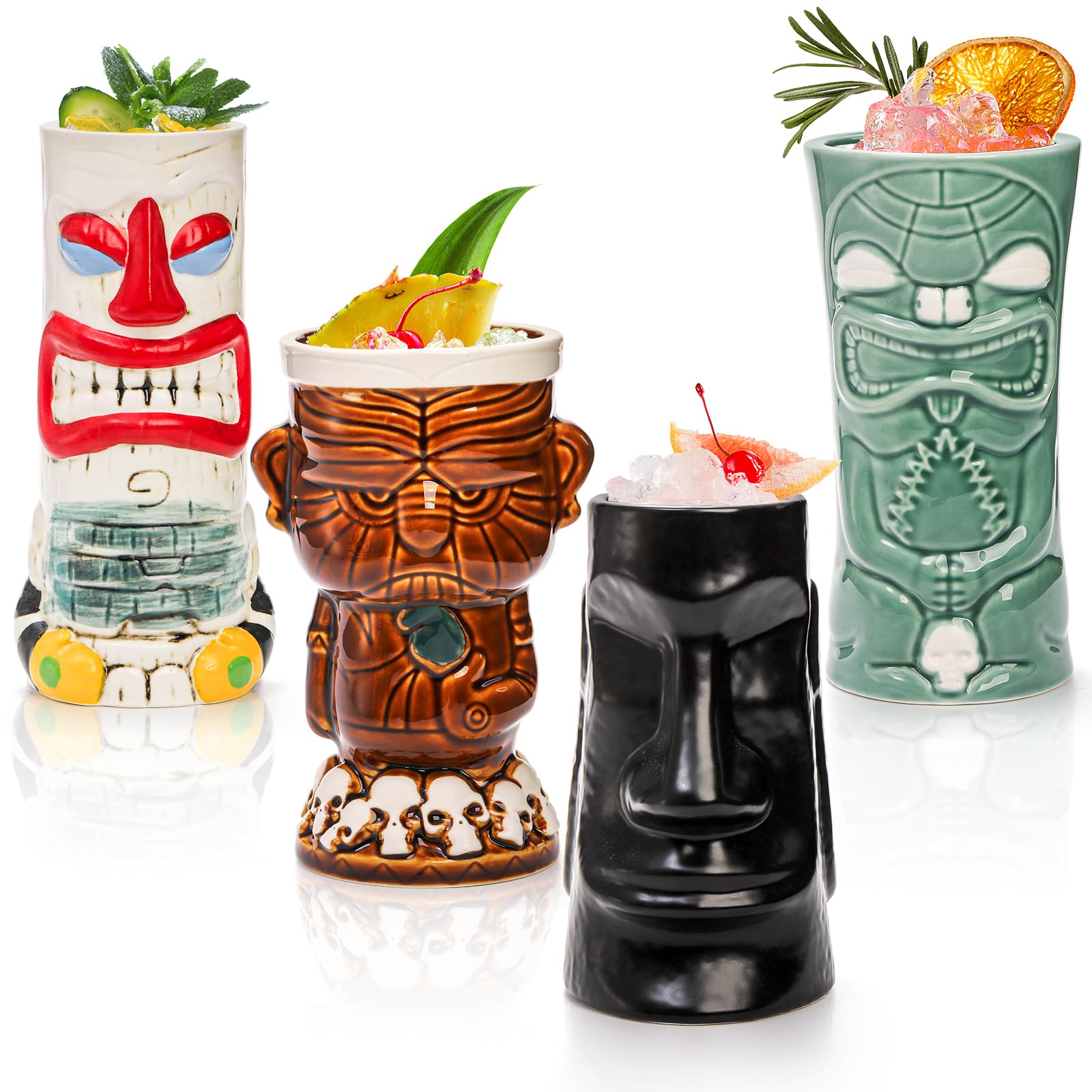 Bekith Ceramic Tiki Mugs Set of 4, Large Tiki Glasses for Cocktails, Hawaiian Party Drinkware Bar Decor Creative Tiki Cup Set, Tiki Drinking Bar Decorations Vintage Tropical Drinkware Barware