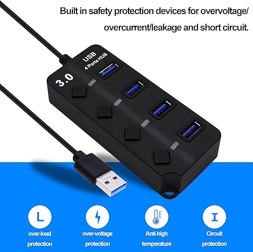 Miniatura 7 de Hub USB 3.0 de 4 puertos multifuncional 1 a 4 divisor de transferencia de datos de 5 Gbps USB 3.0 extensor con interruptores de alimentación LED