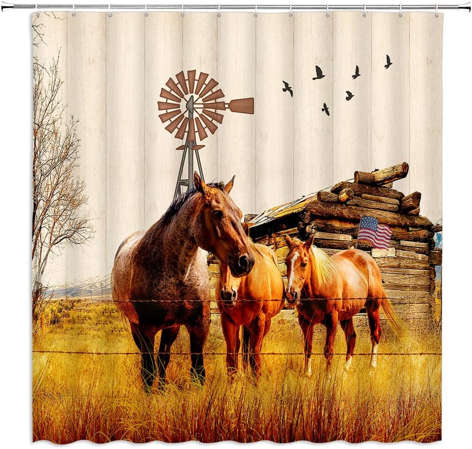 Western Horse Shower Curtain Farm Animal Barn Windmill Country Farmhouse Vintage Art Bathroom Decor Set Bath Curtains Washable Polyester Fabric with Hooks 70Wx84H Inch