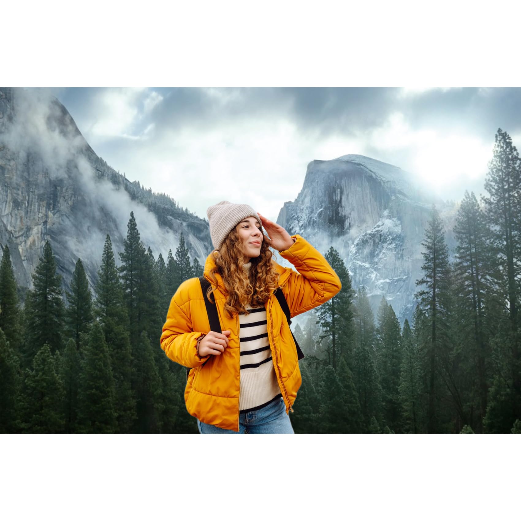 Toile de fond de montagne brumeuse de 4,6 x 3 m - Paysage naturel - Pin - Forêt - Randonnée - Camping - Photographie - Paysage brumeux - Pour voyage, aventure, fête - Bannière d'accessoires