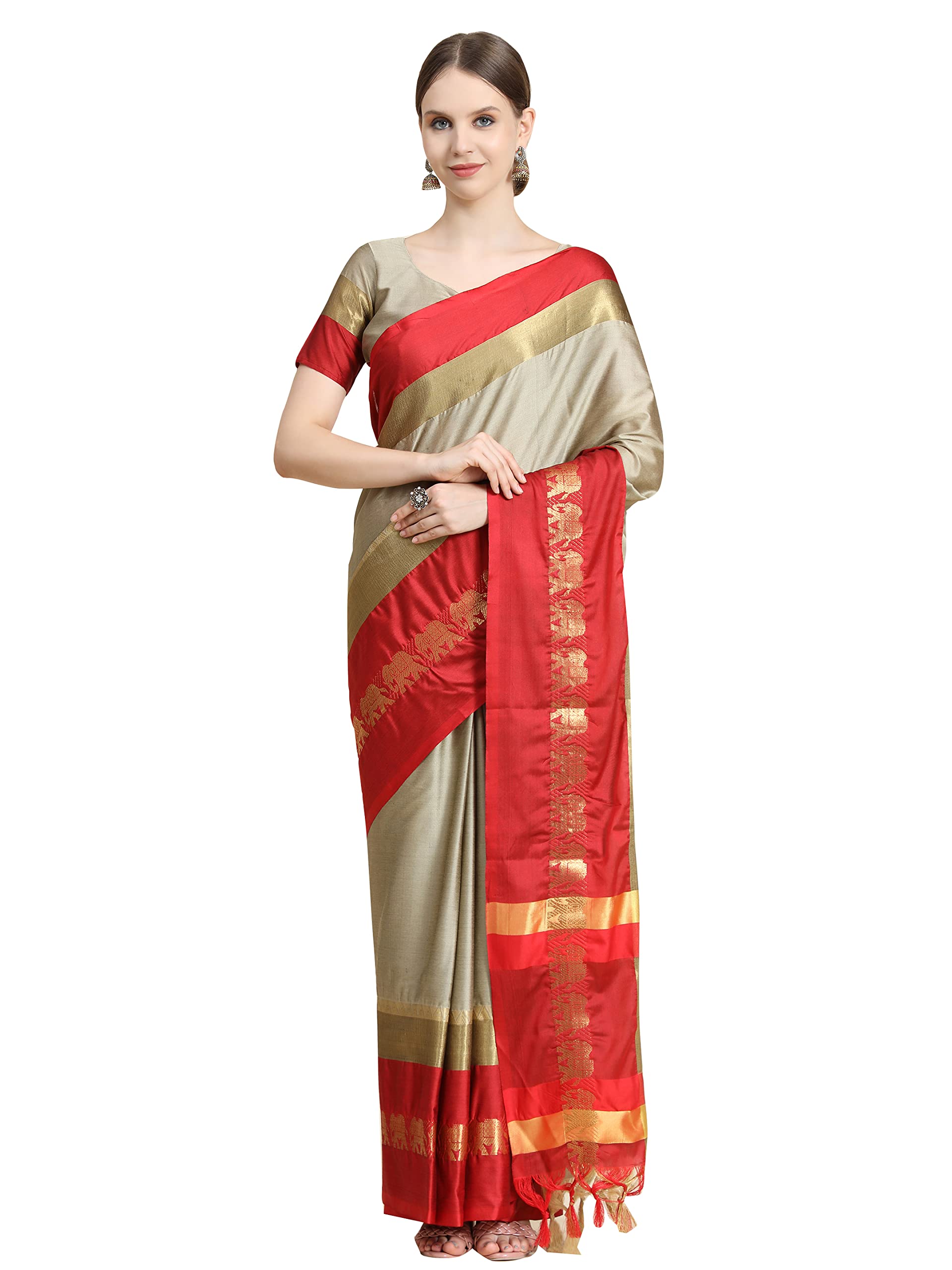 Avantika FashionWoven Solid Embellished Banarasi Cotton Silk, Art Silk Saree With Blouse Piece, Cream Red, Free Size