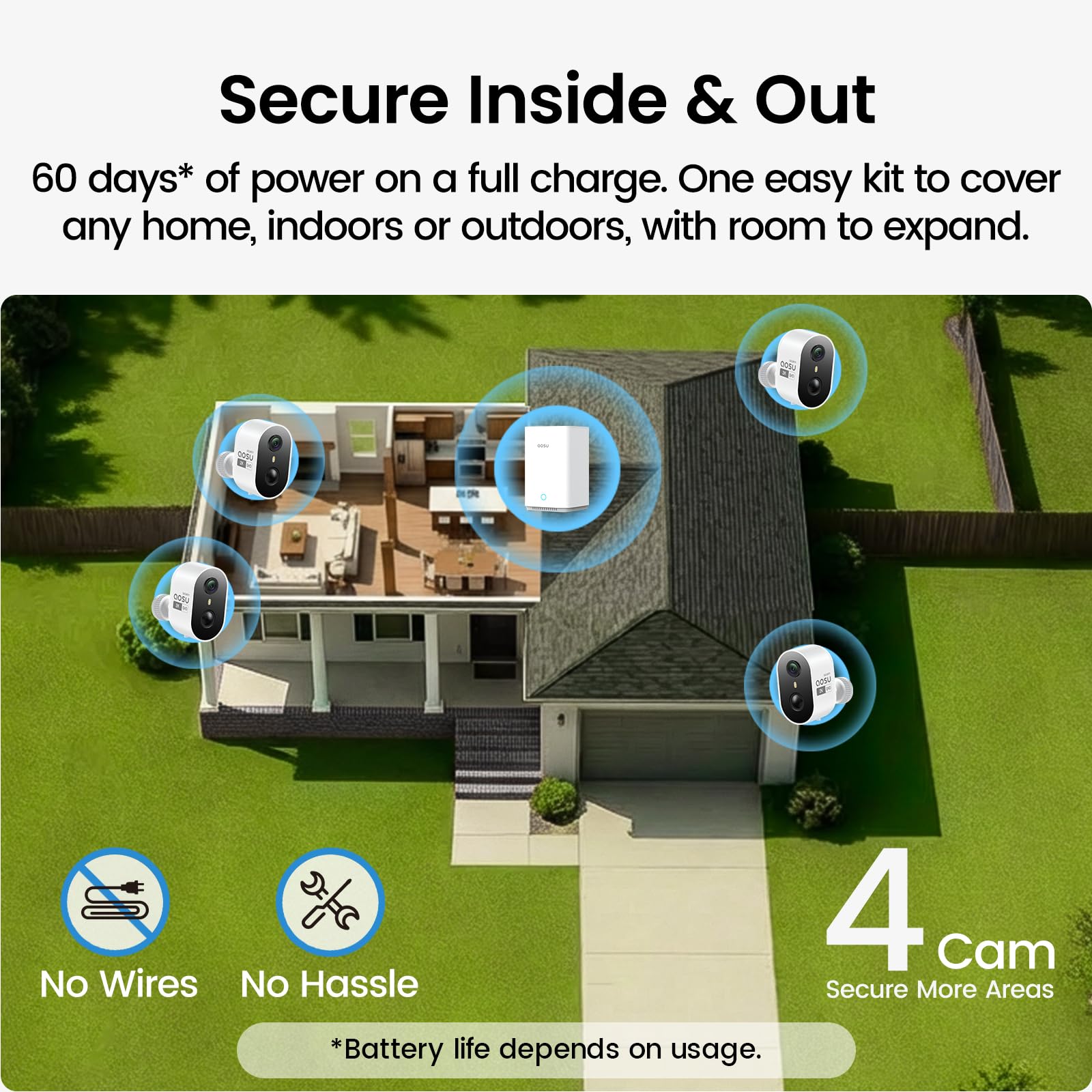 aosu Wireless Indoor/Outdoor Security Camera Kit with aosuBase Local Storage, 2K with 6X Zoom, 4-View Live, Cross-Camera Person Timeline, PIR + AI Human Detection, Color Night Vision, 4-Cam-Kit - 3