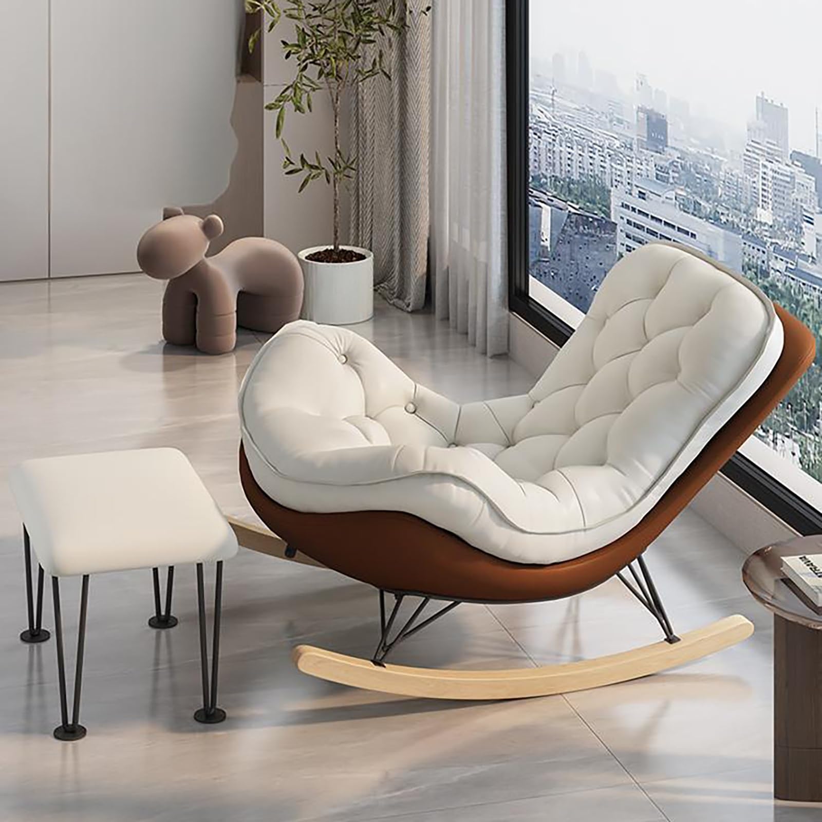 Kaverno Oversized Rocking Chair with PU Cushion, Modern Accent Rocking Chair with Solid Wood Base, Nursery Recliner with Ottoman, Honeycomb Buckle for Bedroom, Living Room(Brown)