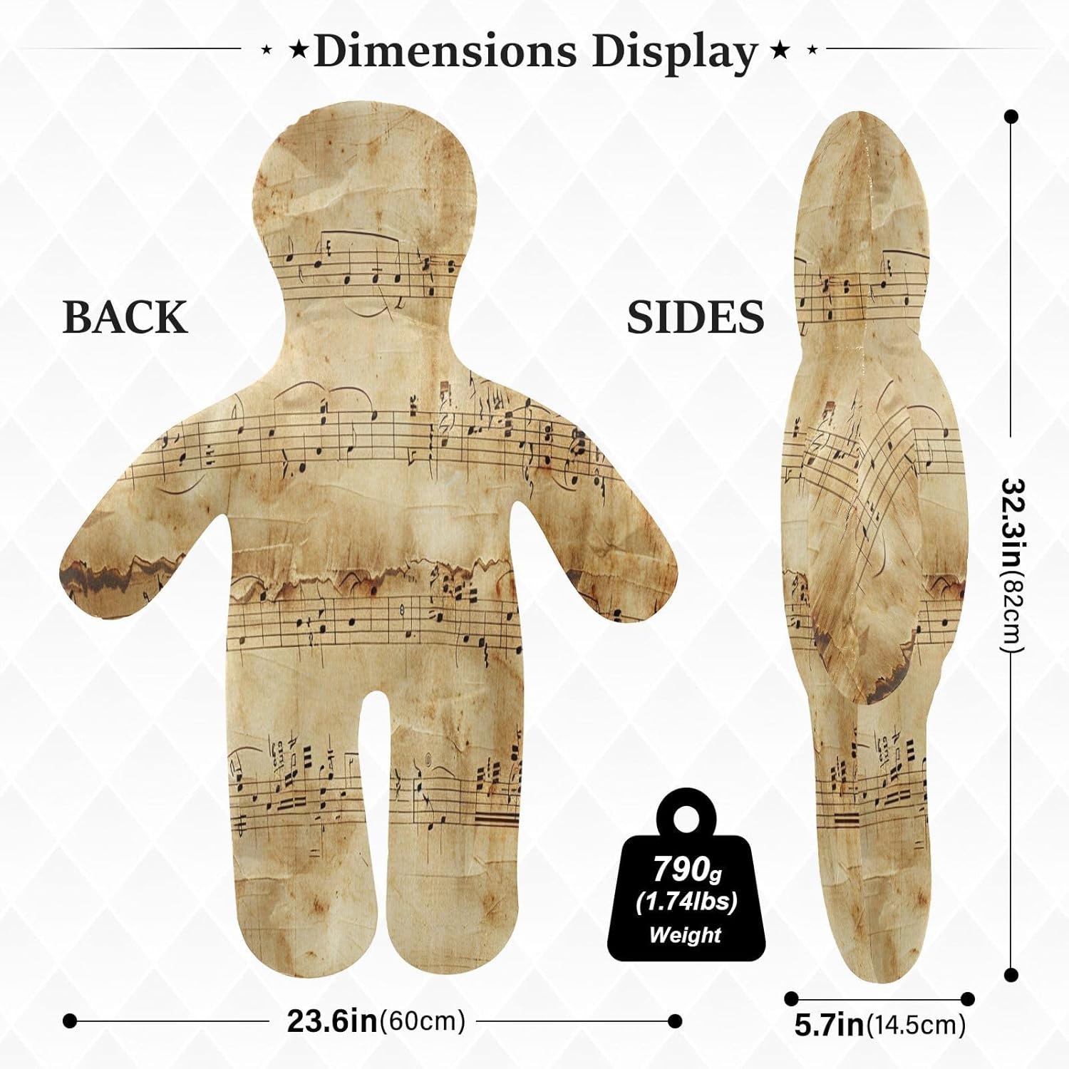 Vintage Sheet Music Human-Shaped Pillow Soft Body Pillows Washable Velvet Pillows for Anxiety Relief Sleeping Cuddling & Support