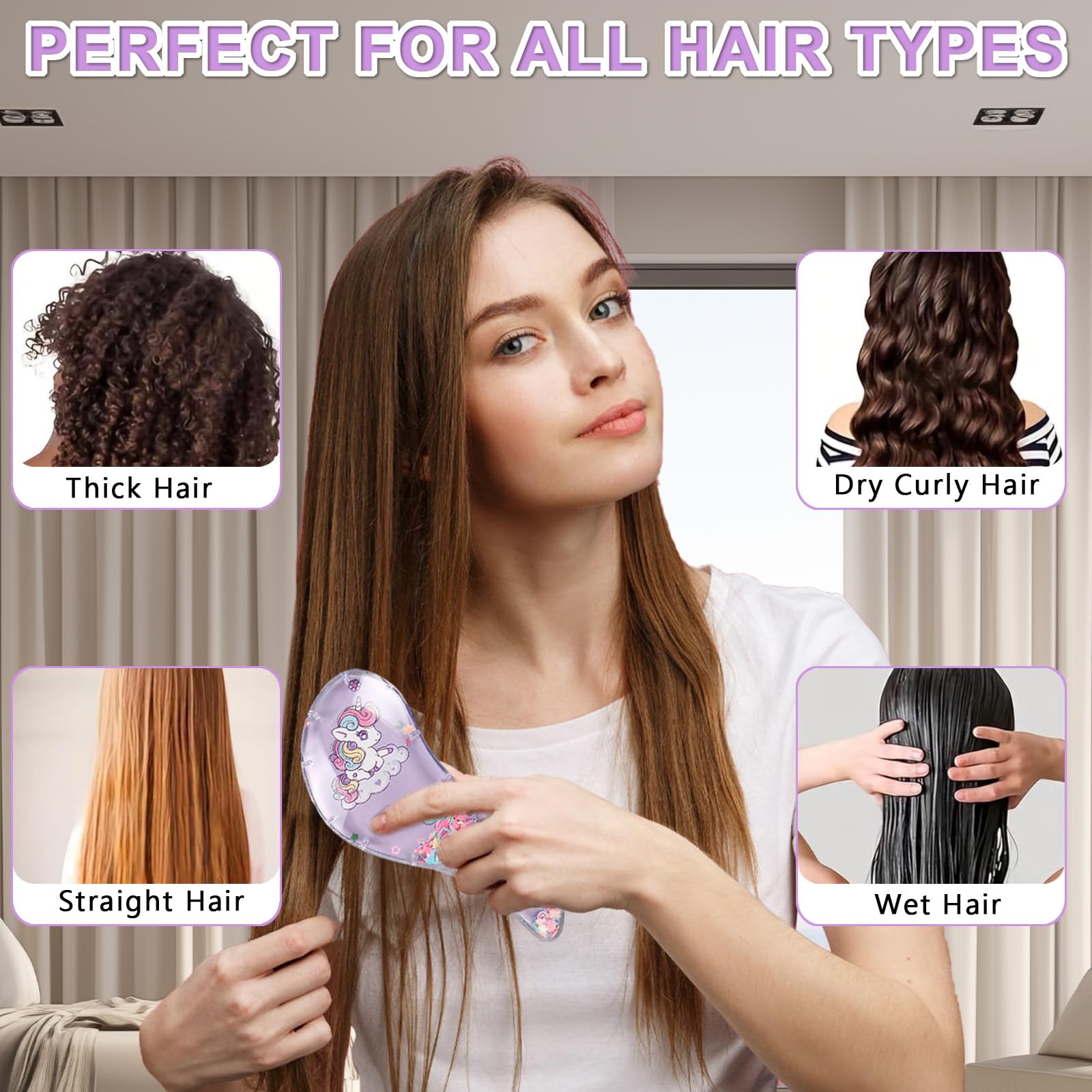 Juego de cepillos para el pelo de bebé para niñas, kit de peine desenredante con temática de unicornio rosa con peines de cola, peine de dientes finos y peine corto para viajes y peinado diario