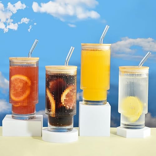 Miniatura 3 de ALINK Juego de 4 vasos acanalados de 16 onzas con tapas de bambú y pajitas de vidrio, vasos de café helado vintage, vaso de vidrio estilo origami