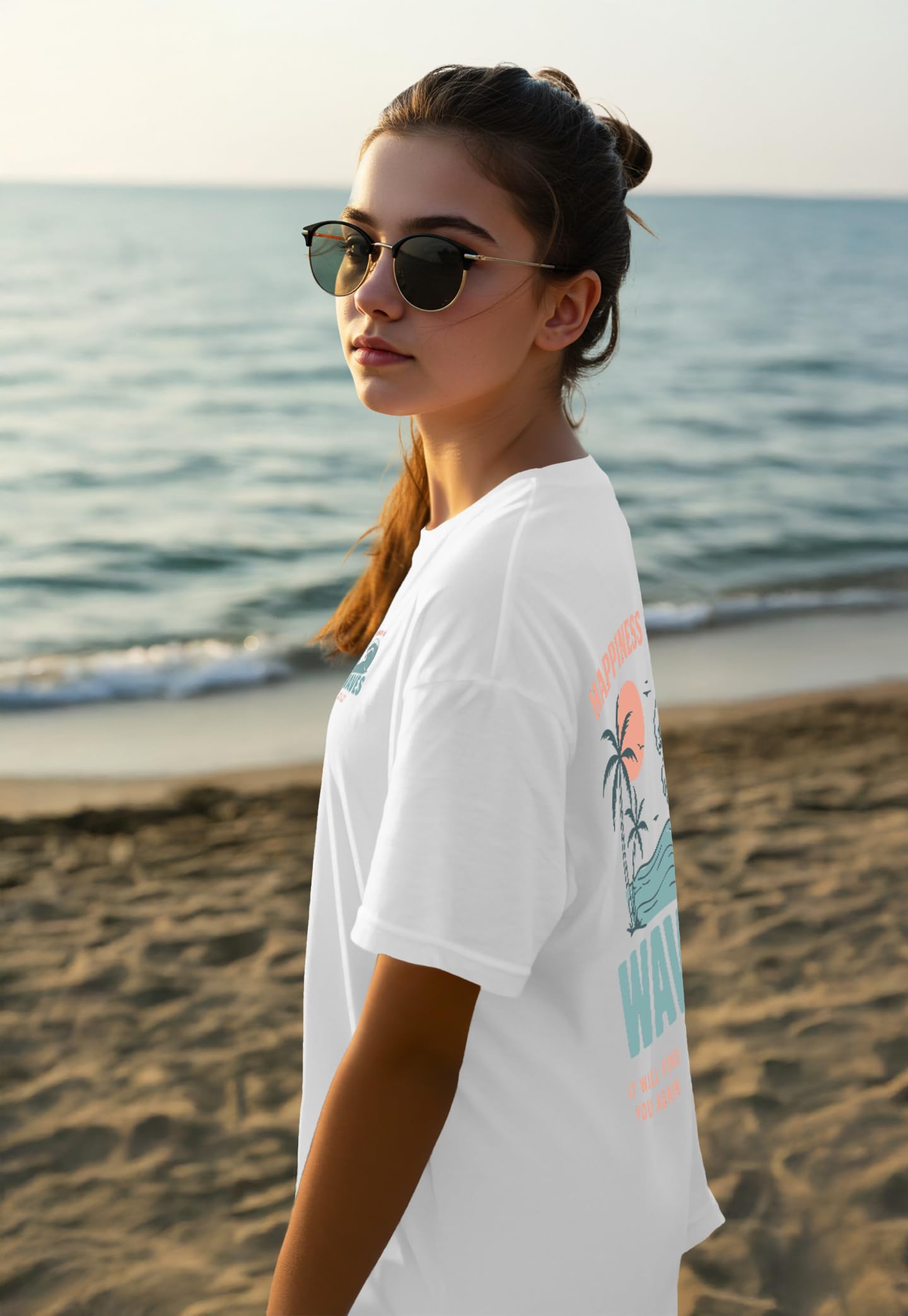 Dagcros Elegante maglietta oversize con scritta "Happiness Comes in Waves" Beach Vibes per ragazze | T-shirt grafica estiva oversize