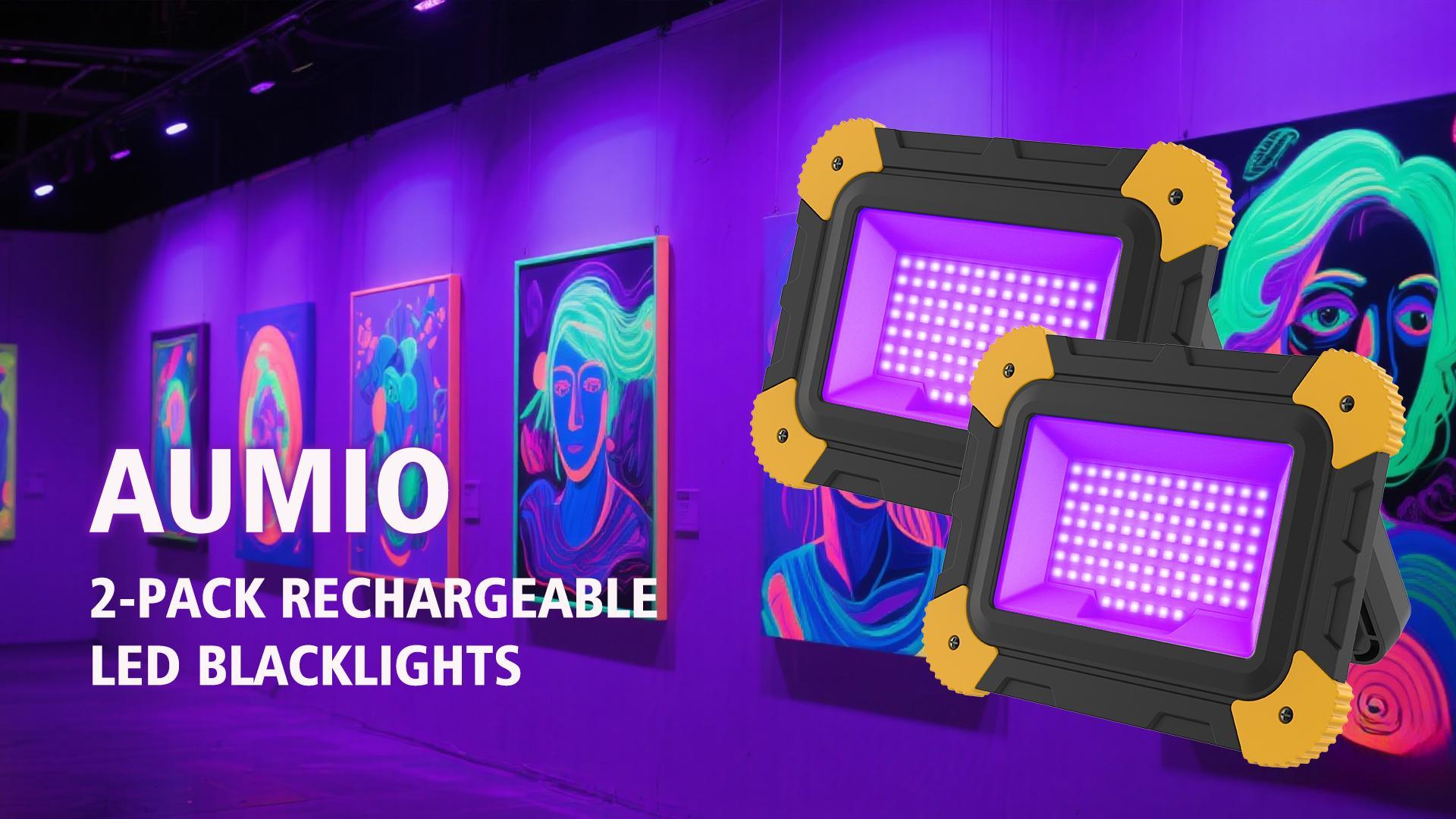 Image of AUMIO Rechargeable Black Light 2-Pack, 5000mAh Portable Battery Powered Magnetic LED Blacklights, Waterproof Cordless 405nm Ultraviolet Flood Light for Glow Party, Halloween, Catfishing, Body Painting