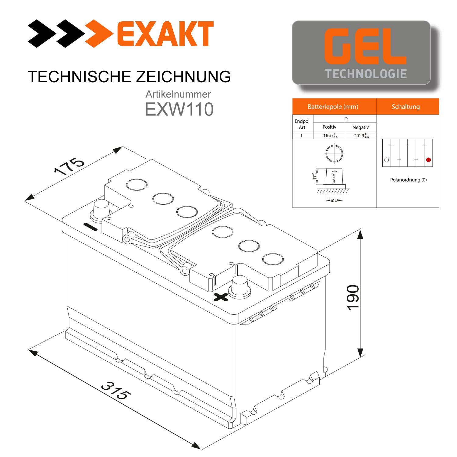EXAKT GEL Batterie 12V 110Ah Wohnmobil Batterie Solarbatterie Versorgung Gelbatterie Gel Akku ersetzt 100Ah