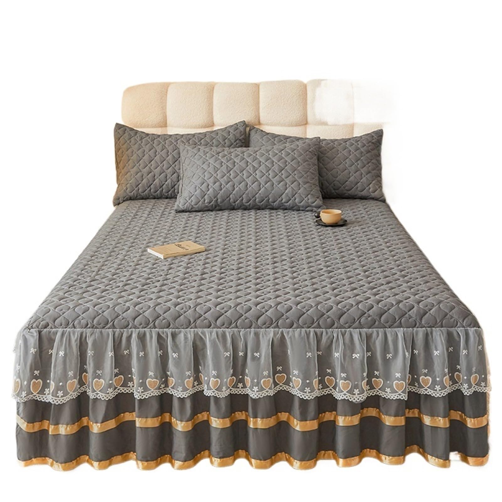 Ruffled Bedspread Simple Style Bed Skirt Single/Queen/King Size Bedspread Ruffles Cover Home Quilted Linen (No Pillowcase)(H,SKing 200x220cm 1pc)