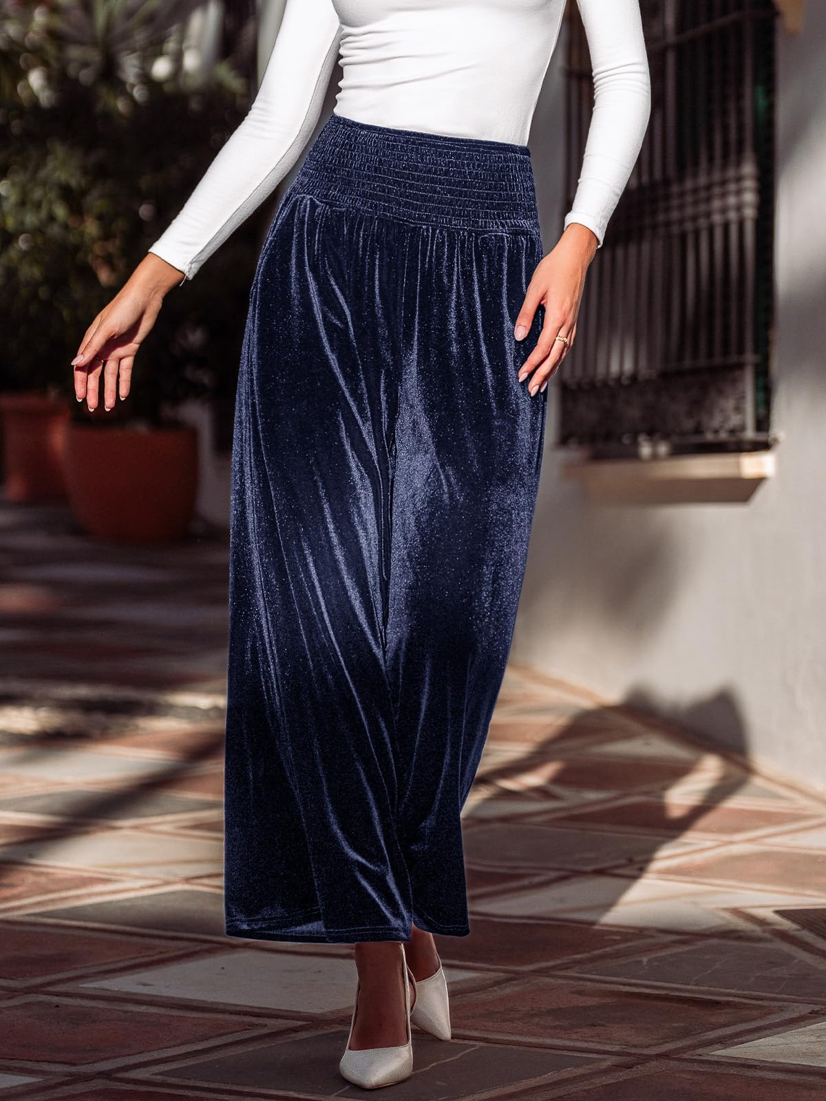 CUPSHE Pantaloni da donna in velluto, vita alta elastica, gamba larga, pantaloni a palazzo pantaloni eleganti in velluto con tasche