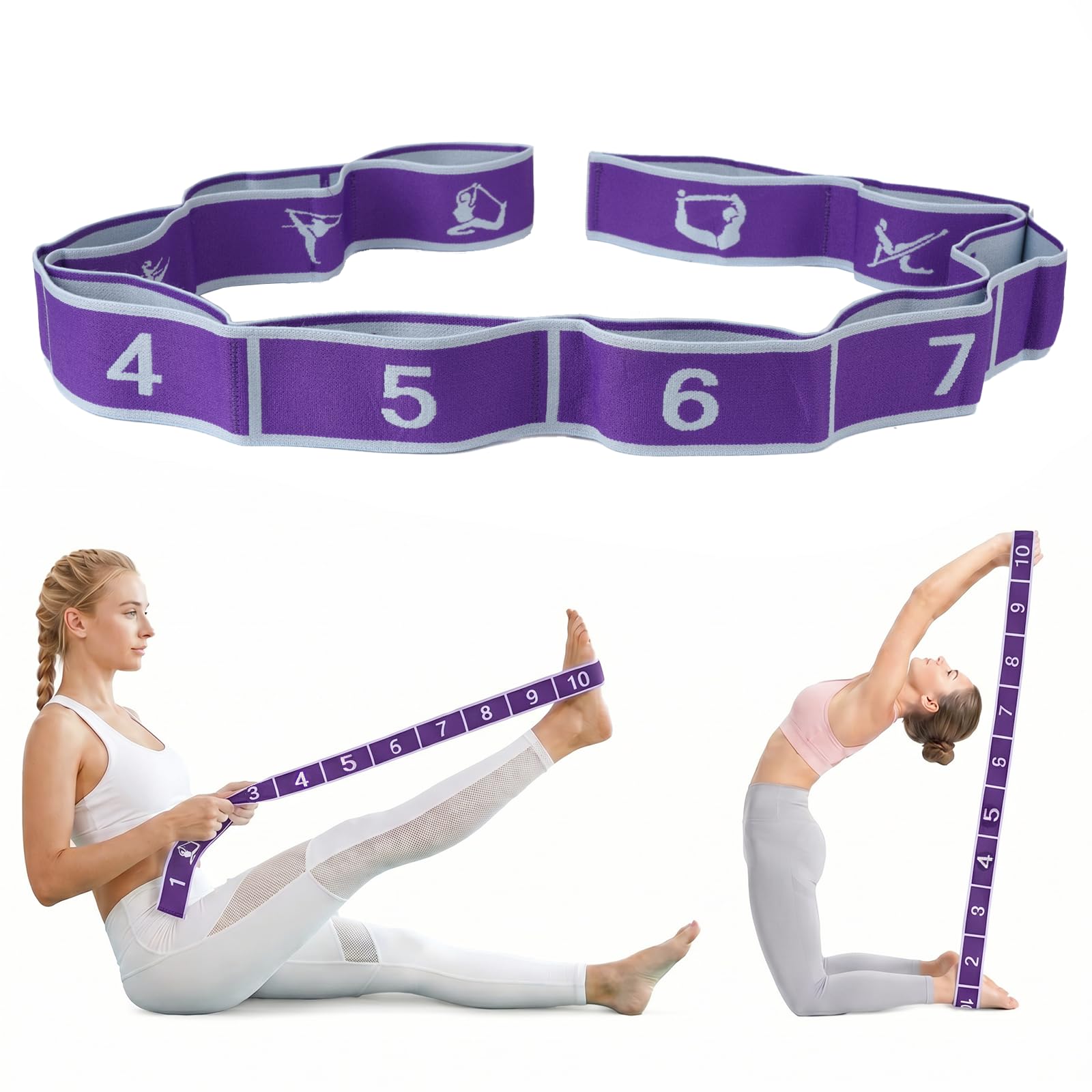 1PC Segmented Exercise Band Anti-Slip Resistance Bands Elastic Yoga Strap with Number Pose Pattern for Dance Pilates Stretching Workout Gymnastics Training (1, Purple, 10 Sections Fits 120cm+)