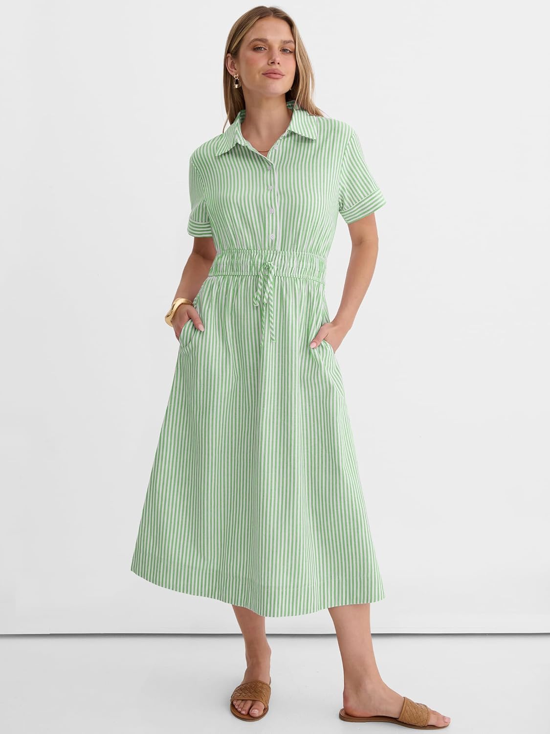 ANRABESS Womens Summer Midi Dress Short Sleeve Striped Plaid Button Collar Shirt Dresses 2026 Casual Beach Vacation Clothes Light Green White Stripe L - Image 5