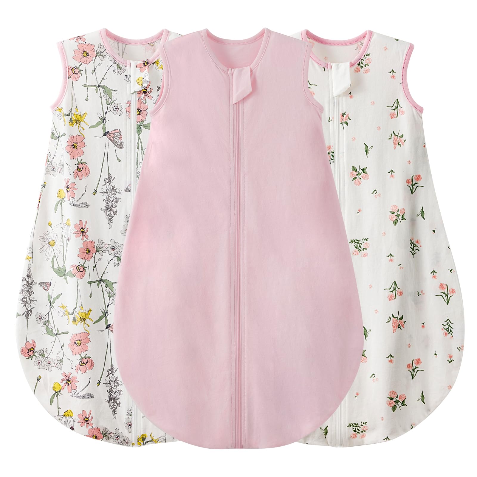 Duomiaomiao3 Pack Baby Sleep Sack 100% Organic Cotton Lightweight Breathable Comfy Toddler Sleeping Sack (0.5tog Flowers, Medium)