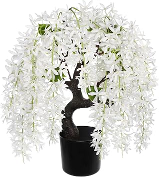 Artificial Wisteria Flowers Tree 47cm Tall Fake Wisteria White Tree in Black Pot Faux Flowers Plants Potted Indoors for Home Kitchen Office Table Desk Decoration