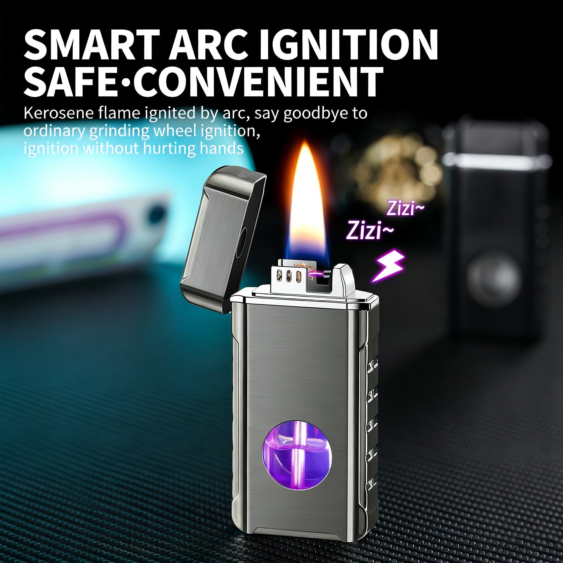 Briquet au kérosène avec 4 méthodes d'allumage, design de réservoir de carburant, commande vocale, soufflage, secousse, toucher, corps en métal durable, fonctionnement sans interrupteur