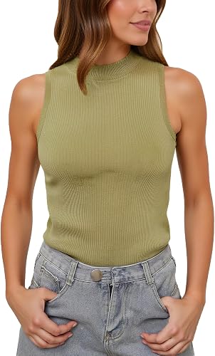 Woolicity Womens Ribbed Mock Turtleneck Tank Top Slim Fit Sleeveless Summer Stre