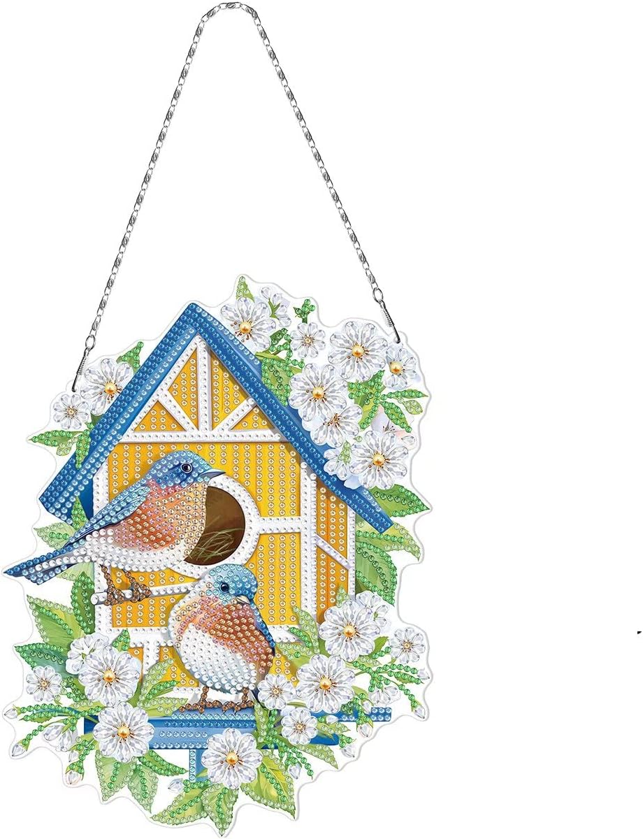 5D Diamond Painting DIY Hanging Wreath Kits Special Shape Rhinestone Bird House Diamond Painting Set for Home Wall Decor