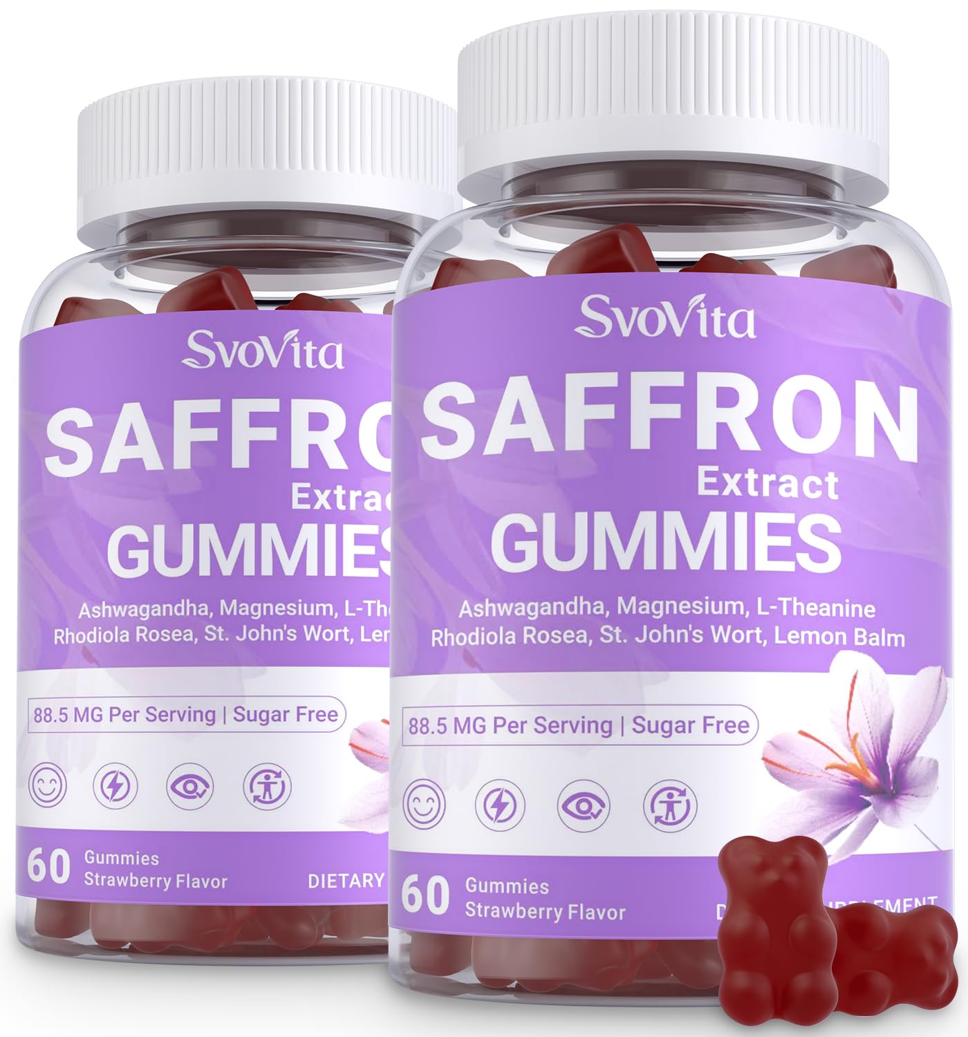 Saffron Supplements Gummies with 88.5 mg Saffron Extract, Magnesium Glycinate, L-Theanine, Ashwagandha, Rhodiola Rosea, St. John’s Wort - Sugar Free 120 Count