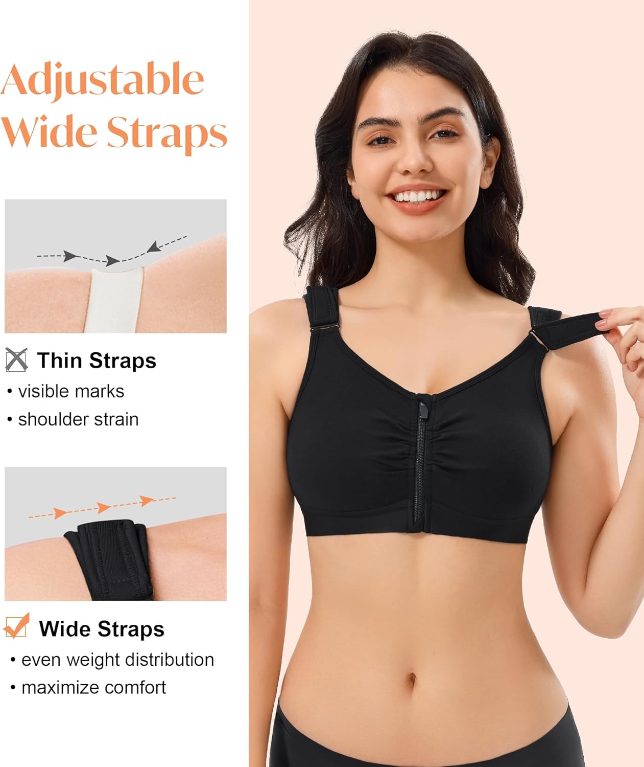 CYDREAM Zip Front Bra for Women Wireless Full Coverage Comfort Everyday Post Surgery Compression Bras Adjustable Straps - Image 2