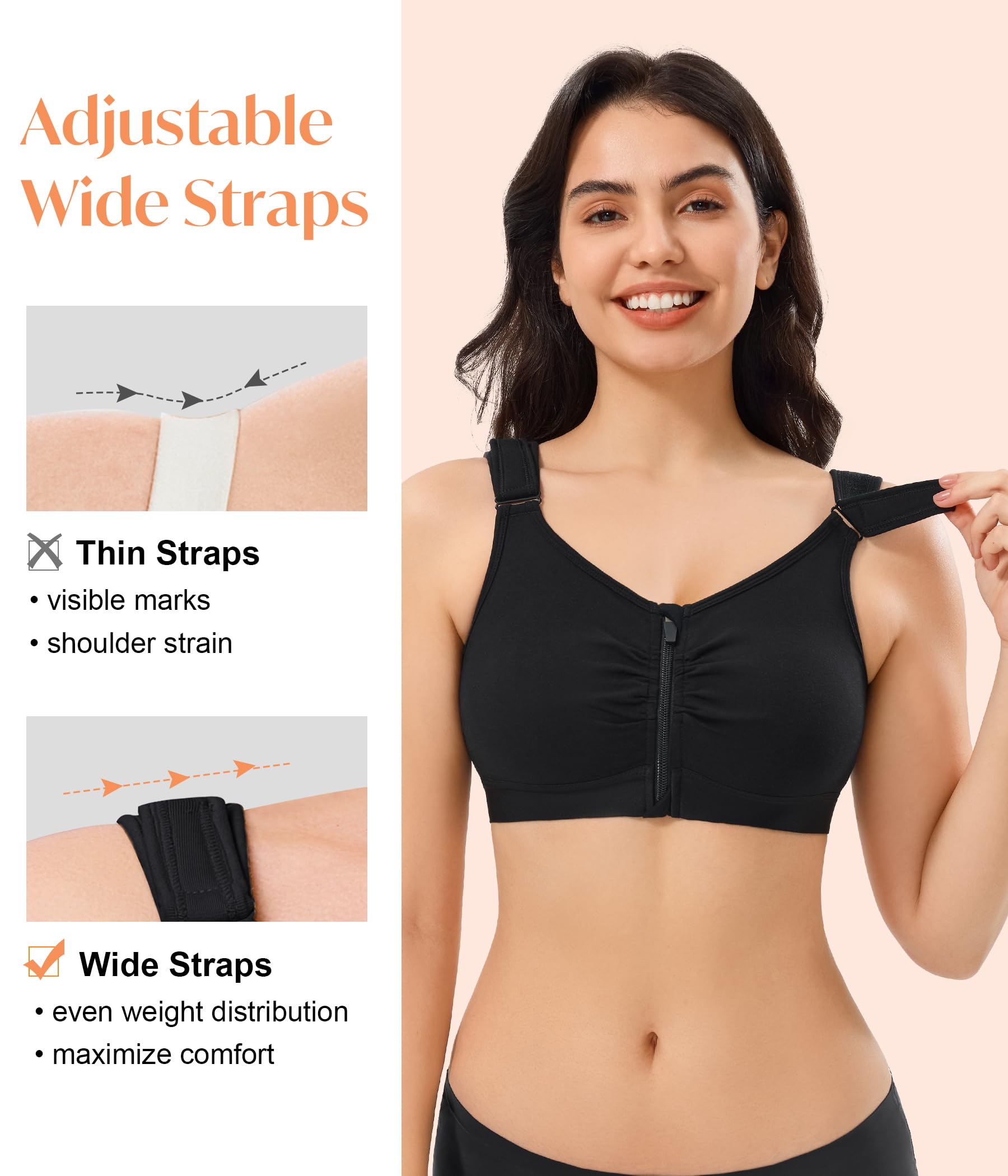 CYDREAM Brasier con cremallera frontal para mujer, cobertura completa, sin varillas, cómodo, para uso diario, postoperatoria, tirantes ajustables