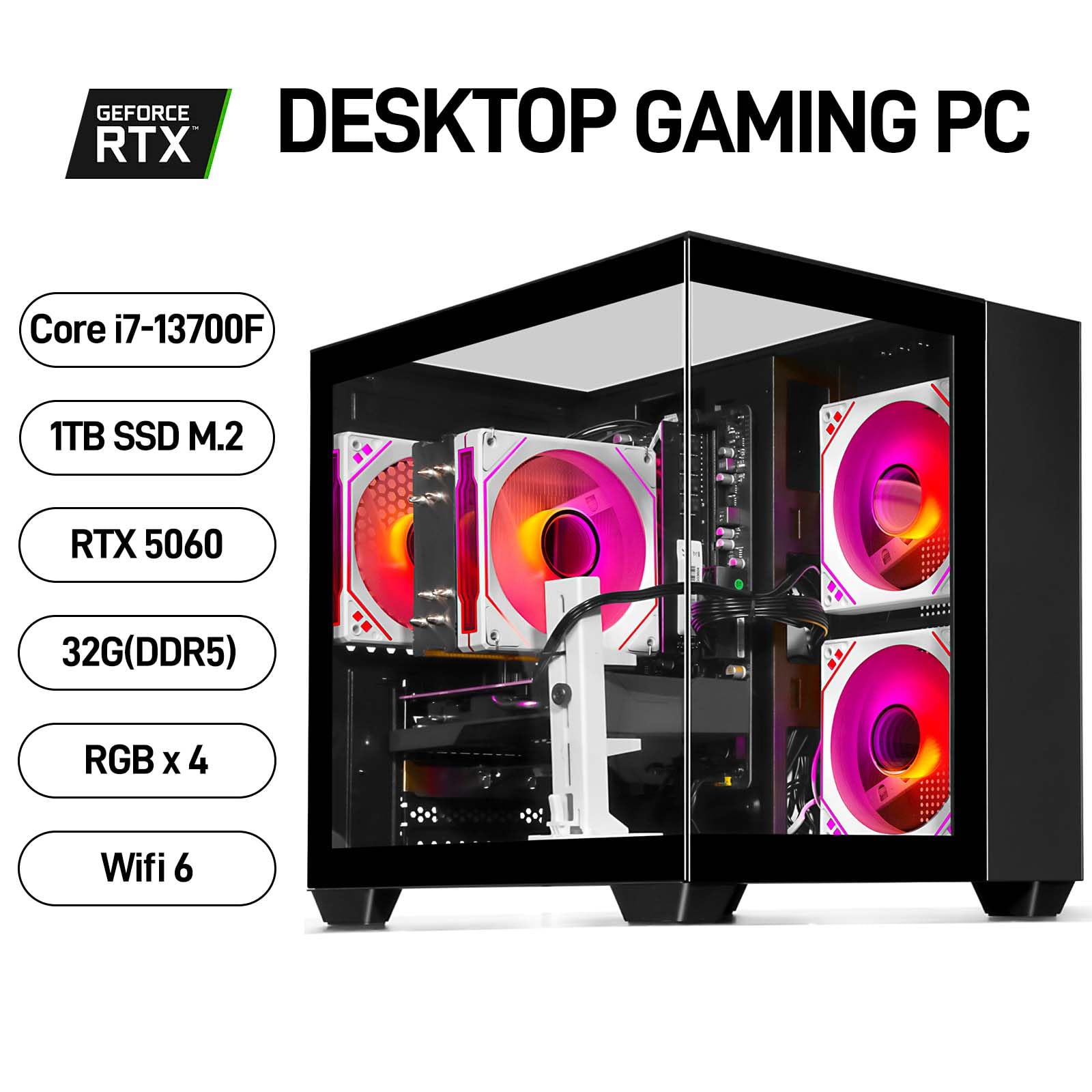 LXZ Gaming-Desktop-Computer mit Core i7-13700F, 32 GB 5600 MHz DDR5-RAM, 1TB SSD, GeForce RTX 5060-Grafikkarte – Hochleistungs-Gaming- & Design-Computer