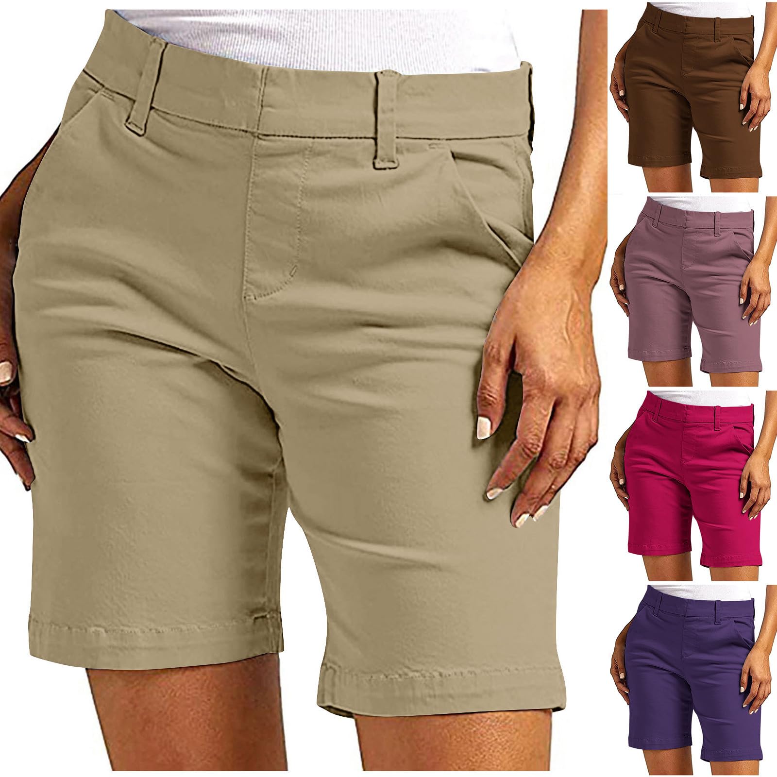 AnnSemo Bermuda Shorts for Women UK Ladies Summer Short Women's Elastic High Waist Stretch Twill Pants Solid Color Summer Casual Knee Length Straight Leg Trousers with Pockets