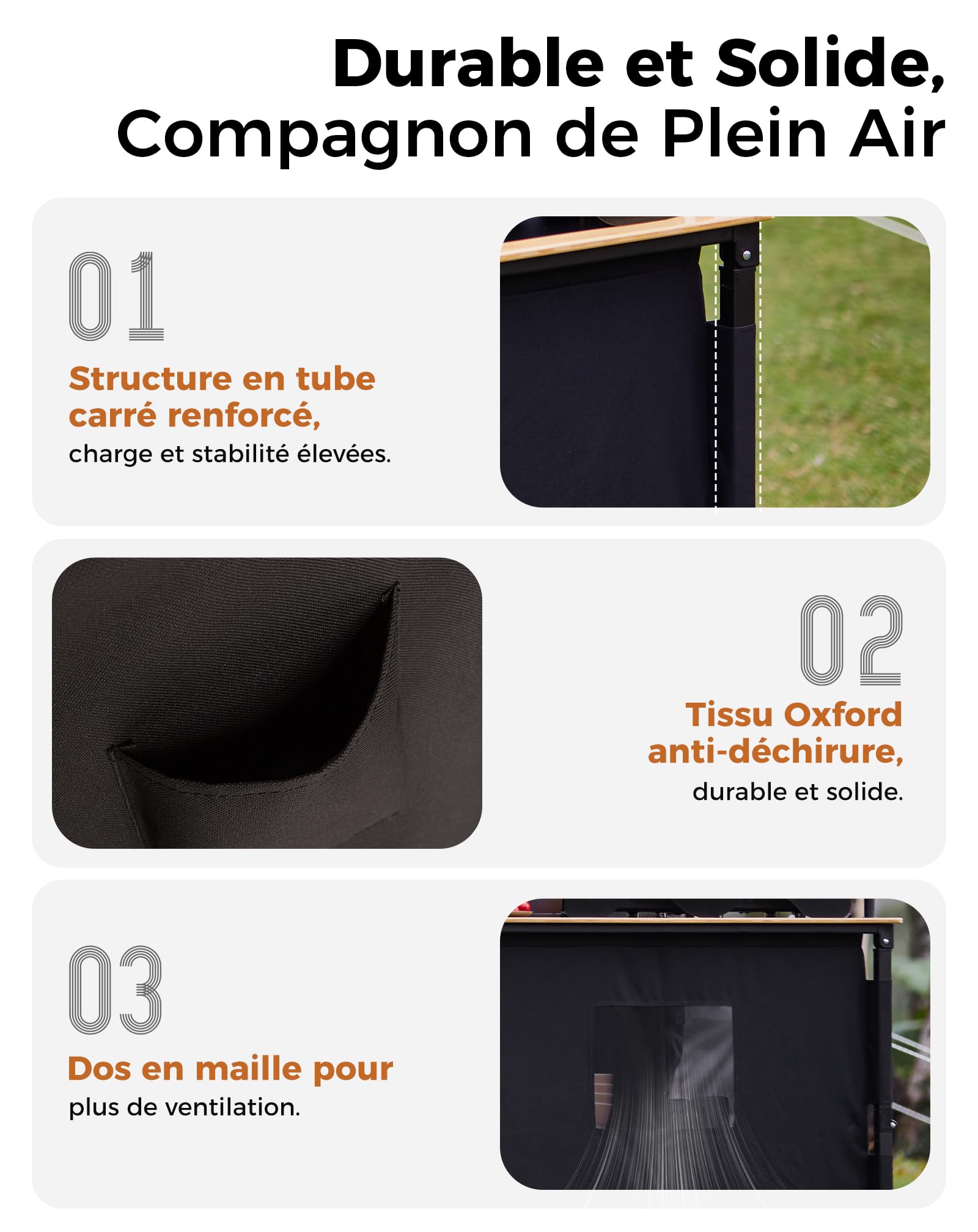 KingCamp Cuisine de Camping Pliable et Portable Meuble Cuisine Outdoor en Bambou/Aluminium avec Rangement, Paravent et Support Lampe, Évier Intégré, Idéal pour Vanlife, Camping, Pique-Nique et BBQ