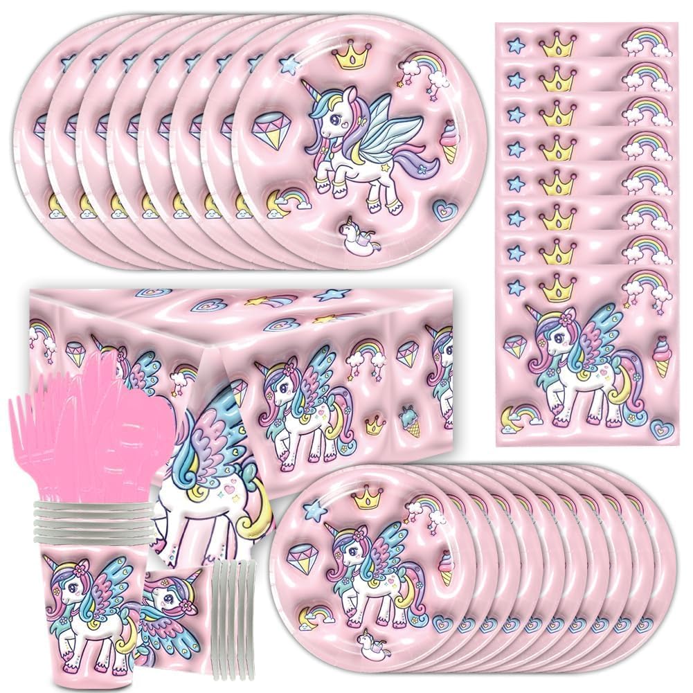 Unicorn Tableware,Unicorn Party Supplies,Pink Animal-Themed Tableware Set,Unicorn Birthday Decorations Complete Tableware,Plates Cups Napkins for Girls Birthday Parties 61PCS