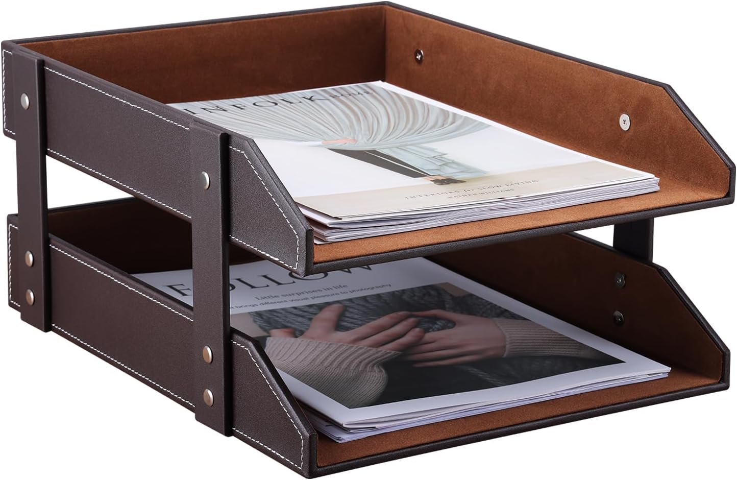 KINGFOM Letter Tray, Leather Paper Organizer Tray, Wooden Desk File Holder, Desktop File, Stackable Magazine Holder, Mail Sorter, Great for Home or Office – 2 Level Brown KINGFOM Letter Tray, Leather Paper Organizer Tray, Wooden Desk File Holder, Desktop File, Stackable Magazine Holder, Mail Sorter, Great for Home or Office – 2 Level Brown