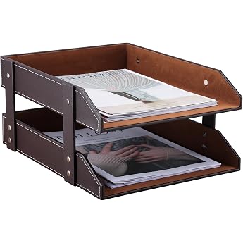 KINGFOM A4 Leather Letter Tray (2 Drawer Brown)