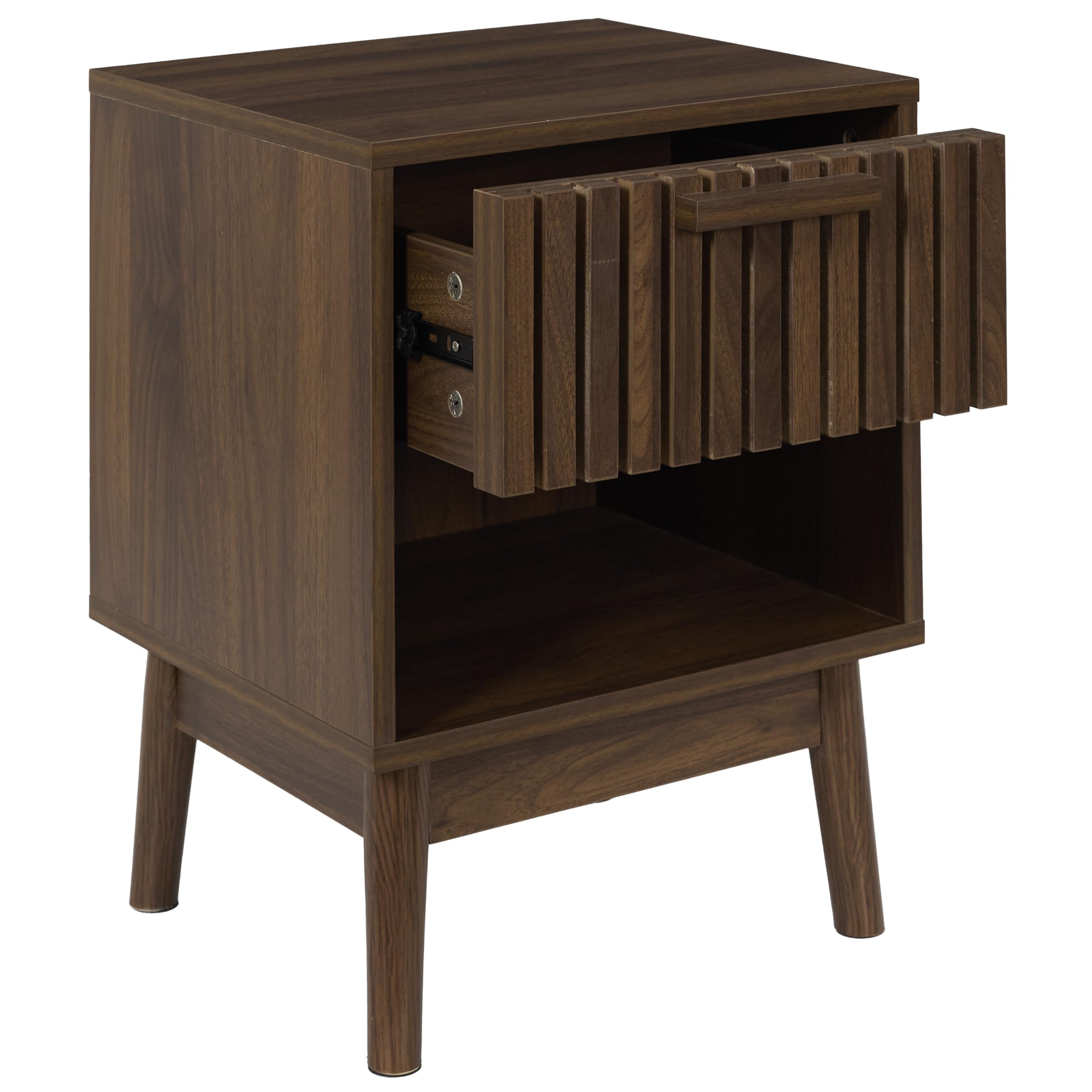HOME DECO FACTORY - Elegante Comodino Contemporaneo con Cassetto Striato e Nicchia Aperta - Modello Klaus - Ideale per un Pratico Stoccaggio nella Tua Camera - Legno Scuro - 46x13x41 cm